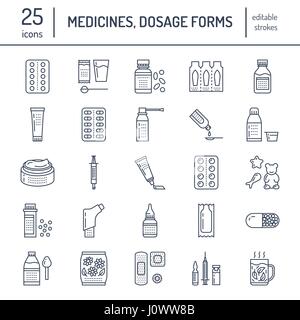 Arzneimittel, Dosierung bildet Linie Symbole. Apotheke Medikamente, Tablet, Kapseln, Pillen, Antibiotika, Vitamine, Schmerzmittel, Aerosol-Spray. Medizinische Threatment, Gesundheitswesen dünne lineare Zeichen für Drogerie Stock Vektor