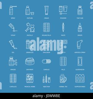 Medikamente, Darreichungsformen blaue Linie Symbole. Apotheke Medikament, Tablette, Kapseln, Pillen, Antibiotika, Vitamine, Schmerzmittel, Aerosol-Spray medizinische Threatment Gesundheitswesen dünne lineare Zeichen für Drogerie Stock Vektor