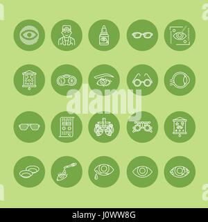 Augenheilkunde, Augen Gesundheitswesen Linie Symbole. Optometrie Ausrüstung, Kontaktlinsen, Brille, Blindheit. Vision Korrektur dünne lineare Zeichen für Augenarzt Klinik Stock Vektor