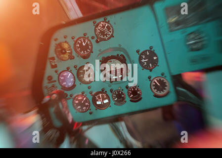 Control panel inside the Soviet helicopter. Stockfoto