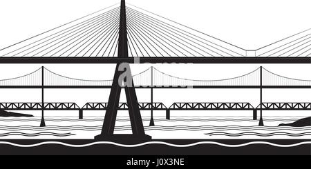 Verschiedene Brücken überqueren Sie den Fluss - Vektor-illustration Stock Vektor