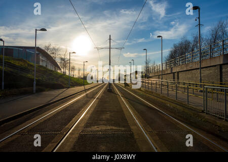 Die Etihad Campus Metrolink Tram Stop, Manchester, England, UK Stockfoto