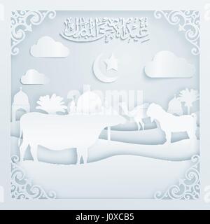 Eid Adha Mubarak arabische Kalligraphie Silhouette Kamel Kuh Ziege Moschee auf Wüste Stock Vektor