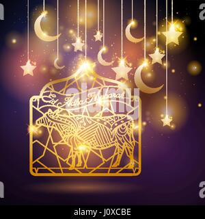 Eid Adha Mubarak Blumenmuster Stern und Halbmond Leuchten Kuh Dekoration Stock Vektor