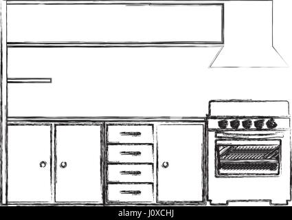 verschwommene Silhouette der modernen Küche-Kabinette mit Kaminofen Stock Vektor
