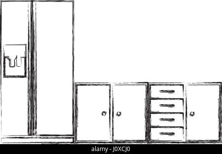 verschwommene Silhouette der unteren Küchenschränke mit Kühlschrank Stock Vektor