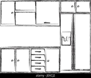 verschwommene Silhouette Küche Interieur mit Schränke und Kühlschrank Stock Vektor