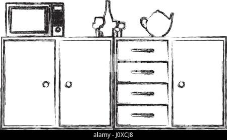 verschwommene Silhouette der Küche Regal und Schubladen und Tee Wasserkocher und Mikrowelle Stock Vektor