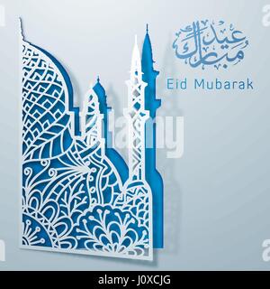 Eid Mubarak arabischer Kalligraphie - Moschee Silhouette mit Blumenmuster - Scherenschnitt Vector Design bedeckt Stock Vektor