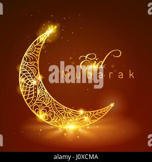 Eid Mubarak mit Glow Gold Blumenmuster auf Halbmond Stock Vektor