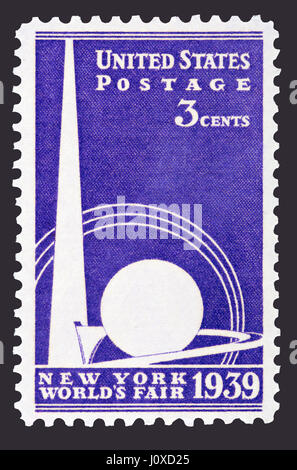 Der New York World Fair 3-Cent-Briefmarke mit berühmten Trylon und Perisphere wurde am 1. April 1939 ausgegeben.   Die Trylon und Perisphere waren tw Stockfoto