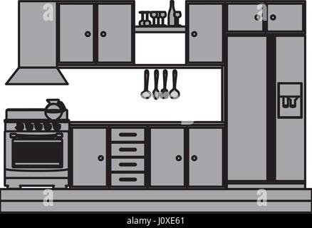 Graustufen-Silhouette der Küchenschränke mit Herd und Kühlschrank Stock Vektor