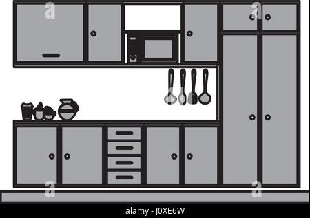 Graustufen-Silhouette mit moderner Küche-Kabinette Stock Vektor