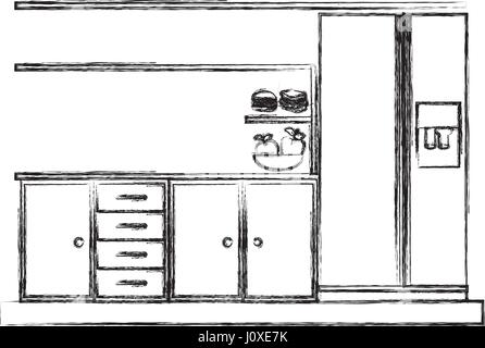 monochrome Skizze der unteren Küchenschränke mit Kühlschrank Stock Vektor