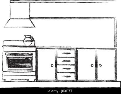 monochrome Skizze der unteren Küchenschränke mit Herd und Backofen Stock Vektor