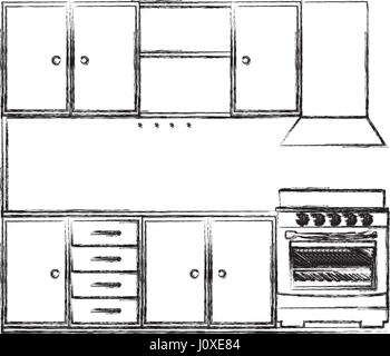 monochrome Skizze von Küchenschränken mit Herd und Backofen Stock Vektor