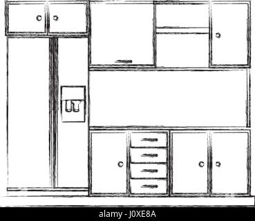 monochrome Skizze von Küchenschränken mit Kühlschrank Stock Vektor