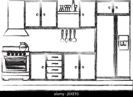 monochrome Skizze von Küchenschränken mit Herd und Kühlschrank Stock Vektor