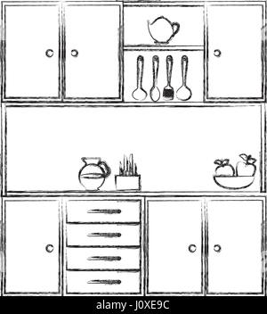 monochrome Skizze von Küchenschränken mit Utensilien Stock Vektor