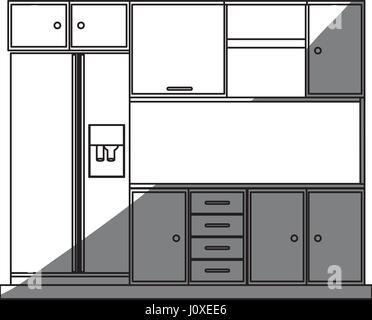 monochrome Silhouette der Küchenschränke mit Kühlschrank Stock Vektor