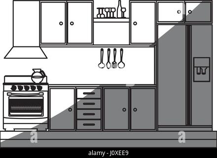 monochrome Silhouette der Küchenschränke mit Herd und Kühlschrank Stock Vektor