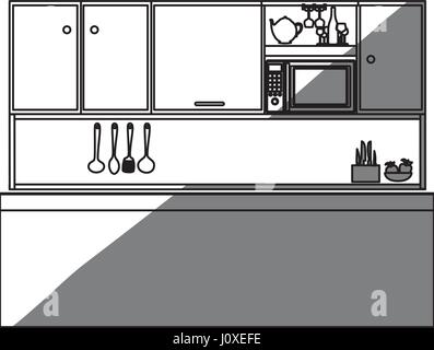 monochrome Silhouette der Küche mit Top-Schränke Stock Vektor