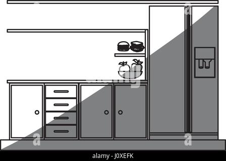 monochrome Silhouette der unteren Küchenschränke mit Kühlschrank Stock Vektor