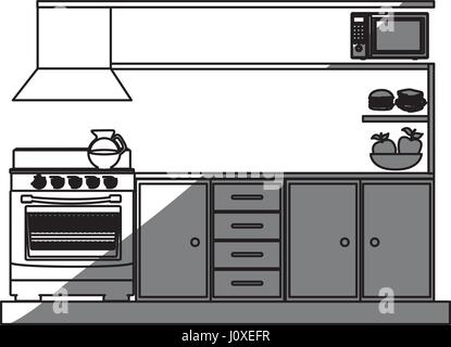 monochrome Silhouette der unteren Küchenschränke mit Herd und Backofen Stock Vektor