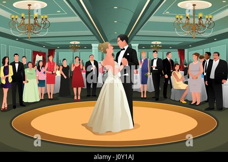 Eine Vektor-Illustration von Braut und Bräutigam tanzen ihren Eröffnungstanz auf der Hochzeitsparty Stock Vektor