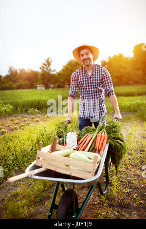 Bauer mit Schubkarren voll mit Gemüse im Garten Stockfoto