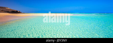 Insel mit Sandstrand, grüne Lagune und klarem Wasser, Mal Nobre, Jandia, Fuerteventura, Kanarische Insel, Spanien. Stockfoto