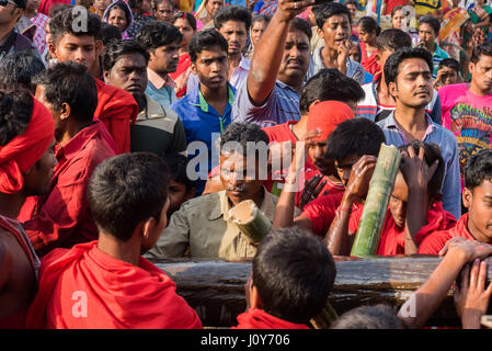 Die Charak-Baum wird gereinigt und vor dem Ritual in Krishnadepur, West-Bengalen gesegnet Stockfoto