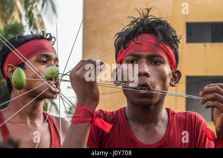 Indischen Jüngling mit Spießen über seine Wangen beim Gajan und Charak-Festival in Krishnadepur, West-Bengalen Stockfoto