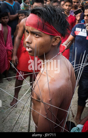 Indische Jugend mit Spießen durch seine Haut beim Gajan und Charak-Festival in Krishnadepur, West-Bengalen Stockfoto