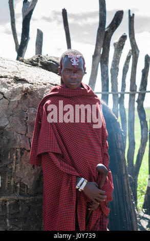 Ein junger, hübscher Maasai-Mann in traditionellem roten Shuka-Gewand im Dorf Ngorongoro Maasai, der neben seinem Haus steht. Stockfoto