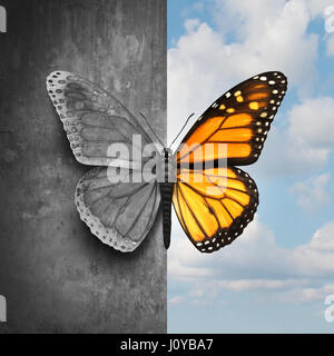 Bipolar Geistesstörung abstrakte psychologische Krankheit Konzept wie ein Schmetterling unterteilt als einseitig in den Farben grau und traurig. Stockfoto