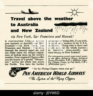 Eine Anzeige für Pan American World Airways (PanAm) für "Clipper Service" Flüge nach Australien und Neuseeland über die USA. Es erschien in einer Zeitschrift veröffentlicht in Großbritannien im Jahre 1948 Stockfoto