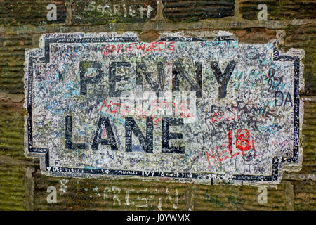 Penny Lane Straßenschild in Liverpool. Bekannt geworden durch die Beatles. Stockfoto