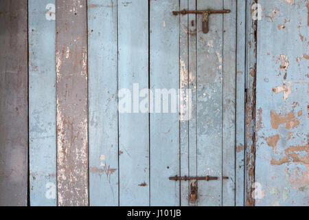 Alt und verblasst leicht blau Holzplatte Wand oder Tür Textur Hintergrund. Stockfoto