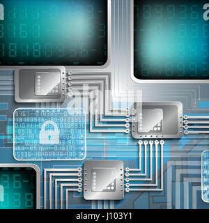 Elektronischen Chip und Sperre. Motherboard im Vektor auf blauem Hintergrund. Einschließlich der blauen Rechtecke und zahlen. eine Schnittmaske verwendet. Stock Vektor