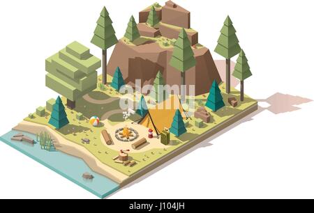 Vektor-isometrische low-Poly-Campingplatz Stock Vektor