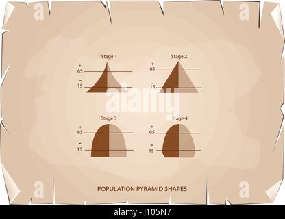 Bevölkerung und Demografie, Illustration-Satz von 4 Arten von Bevölkerung Pyramiden Diagramm oder Altersstruktur Graph auf alt Antik Vintage Grunge Papierstruktur Stock Vektor