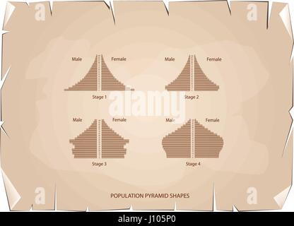Bevölkerung und Demografie, Illustration-Satz von 4 Arten von Bevölkerung Pyramiden Diagramm oder Altersstruktur Graph auf alt Antik Vintage Grunge Papierstruktur Stock Vektor
