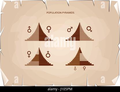 Bevölkerung und Demografie, Illustration der Detaillierungsgrad der Bevölkerung Pyramiden Diagramm oder Altersstruktur Graph auf alten antiken Vintage Grunge Papier Textur zurück Stock Vektor