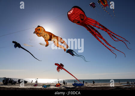 Adelaide, Australien. 17. April 2017. Eine bunte Anzeige von Meerestieren und Tier geformt Drachen füllen den Himmel beim internationalen Adelaide Kite Festival am Semaphore Beach in Adelaide Credit: Amer Ghazzal/Alamy Live-Nachrichten Stockfoto