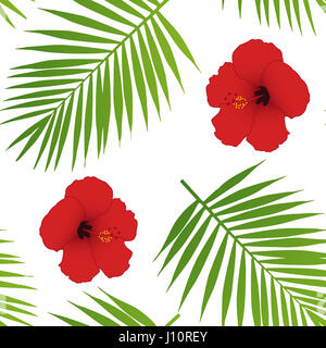 Roter Hibiskus und Palm Blätter nahtlose Muster. Vektor-Illustration. Stockfoto