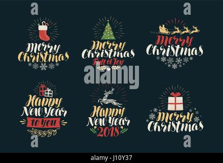 Frohe Weihnachten und Happy New Year, Beschriftungssatz. Xmas Symbole oder Logos. Schriftzug-Vektor-illustration Stock Vektor