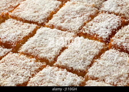 Frisch gebackene marokkanischen Joghurt Kuchen geschnitten, dekoriert mit weißen Cocos full-frame Stockfoto