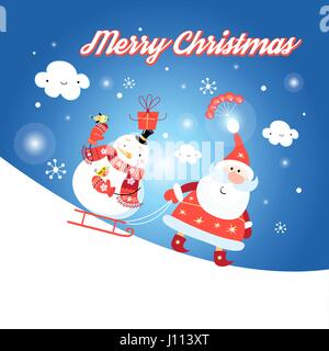 Grusskarte mit Weihnachtsmann und Schneemann auf blauem Hintergrund mit Schneeflocken Stock Vektor