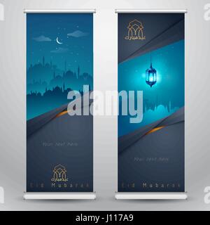Islamische Gruß auf Roll-up Banner Eid Mubarak vertikale Vorlagendesign mit Moschee und arabische Laterne Stock Vektor